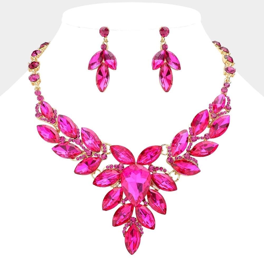 Pink Fuchsia Crystal Teardrop Cluster Marquise Evening Statement Necklace Set